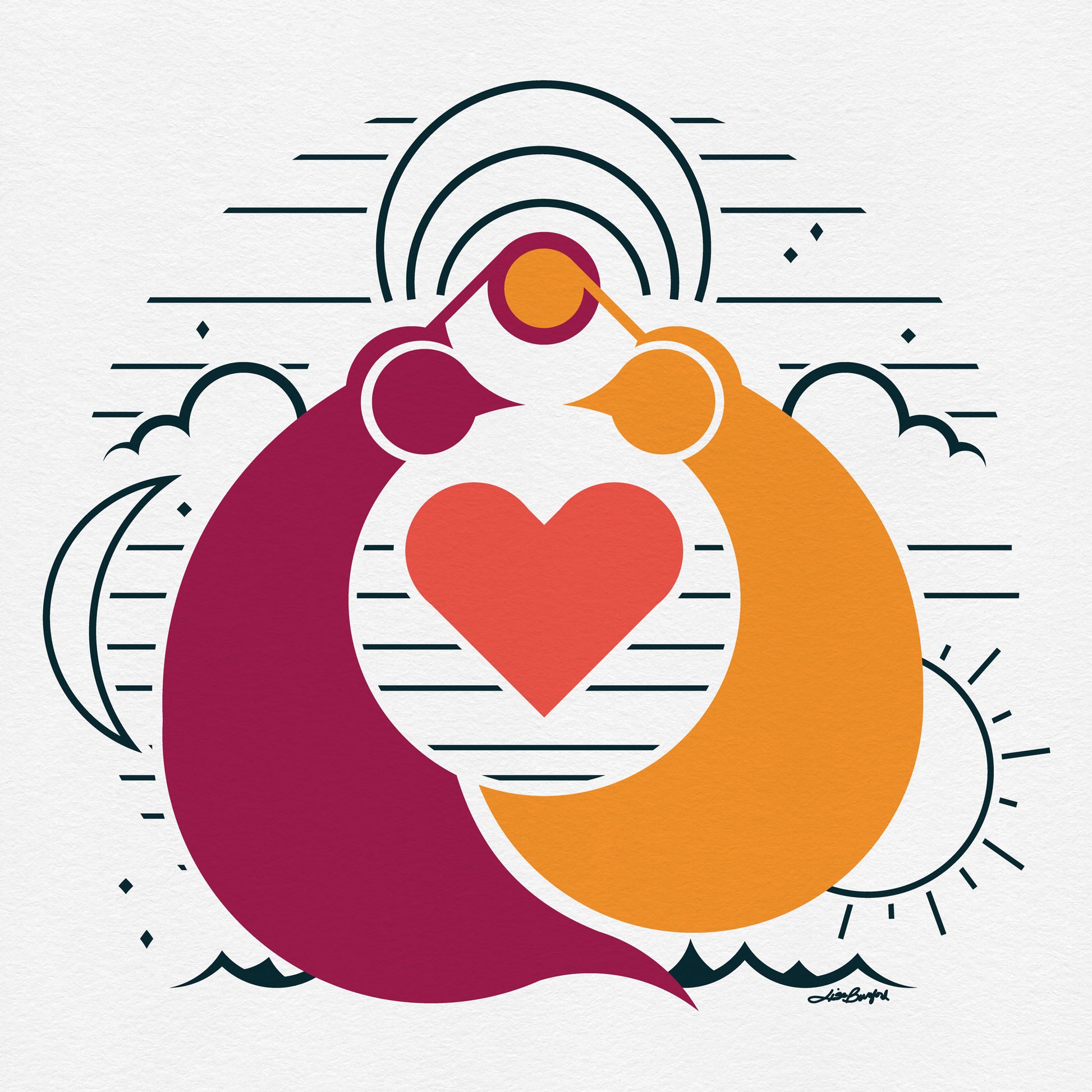 A 12"x12" print depicting two quails facing each other with their top knots overlapping. A heart fits in between them. There is a crescent moon, a sun, clouds, stars, and mountains in the background of the illustration.