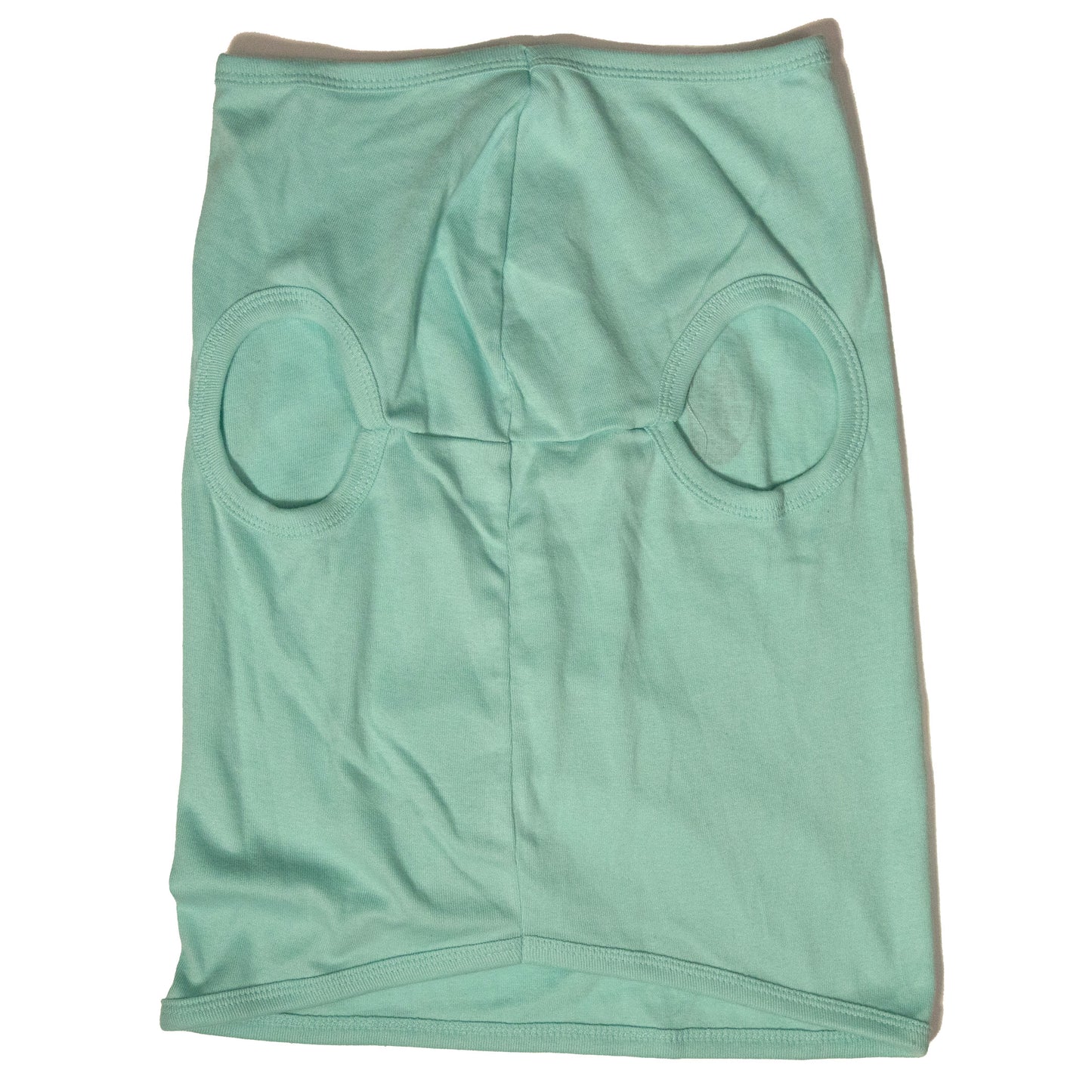 A light blue color dog shirt in a tank top style. Photo shows the chest/front of the shirt with the two front leg holes.