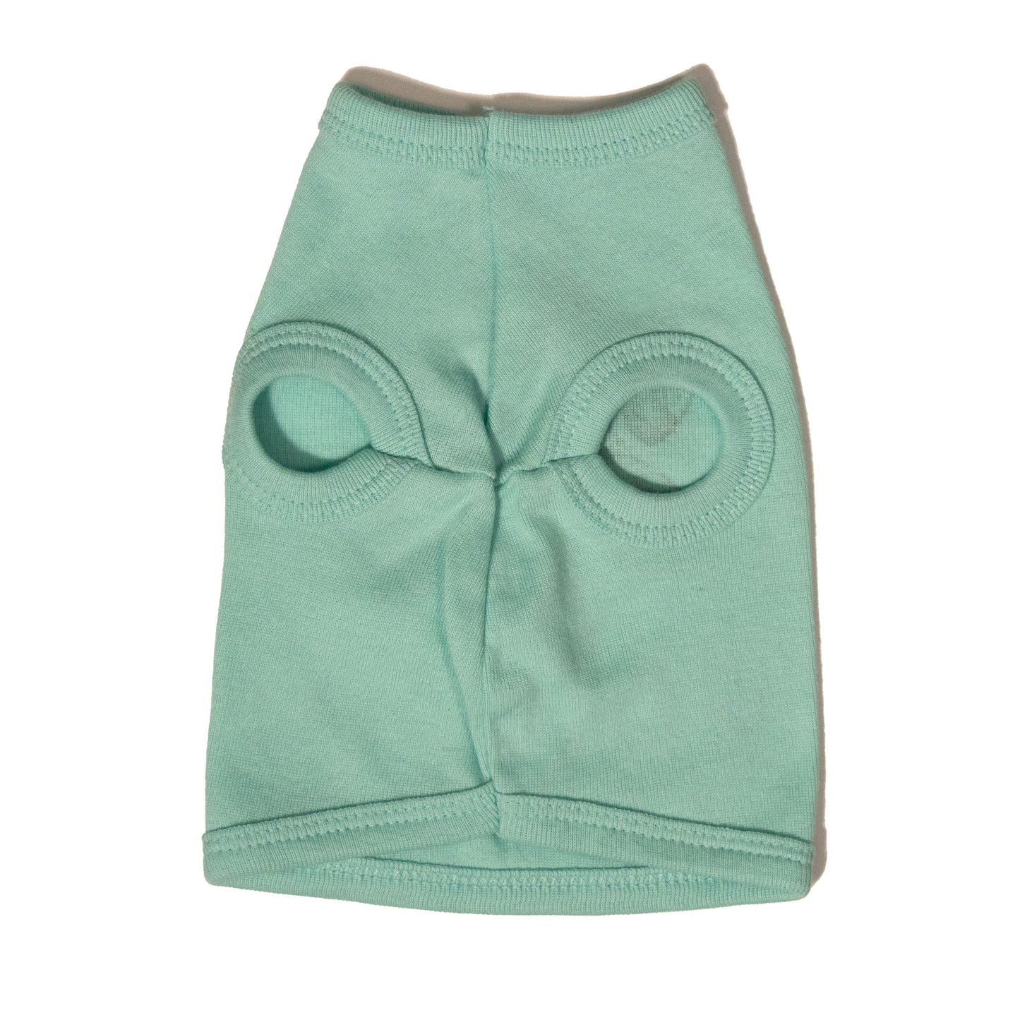 A light blue color dog shirt in a tank top style. Photo shows the chest/front of the shirt with the two front leg holes.