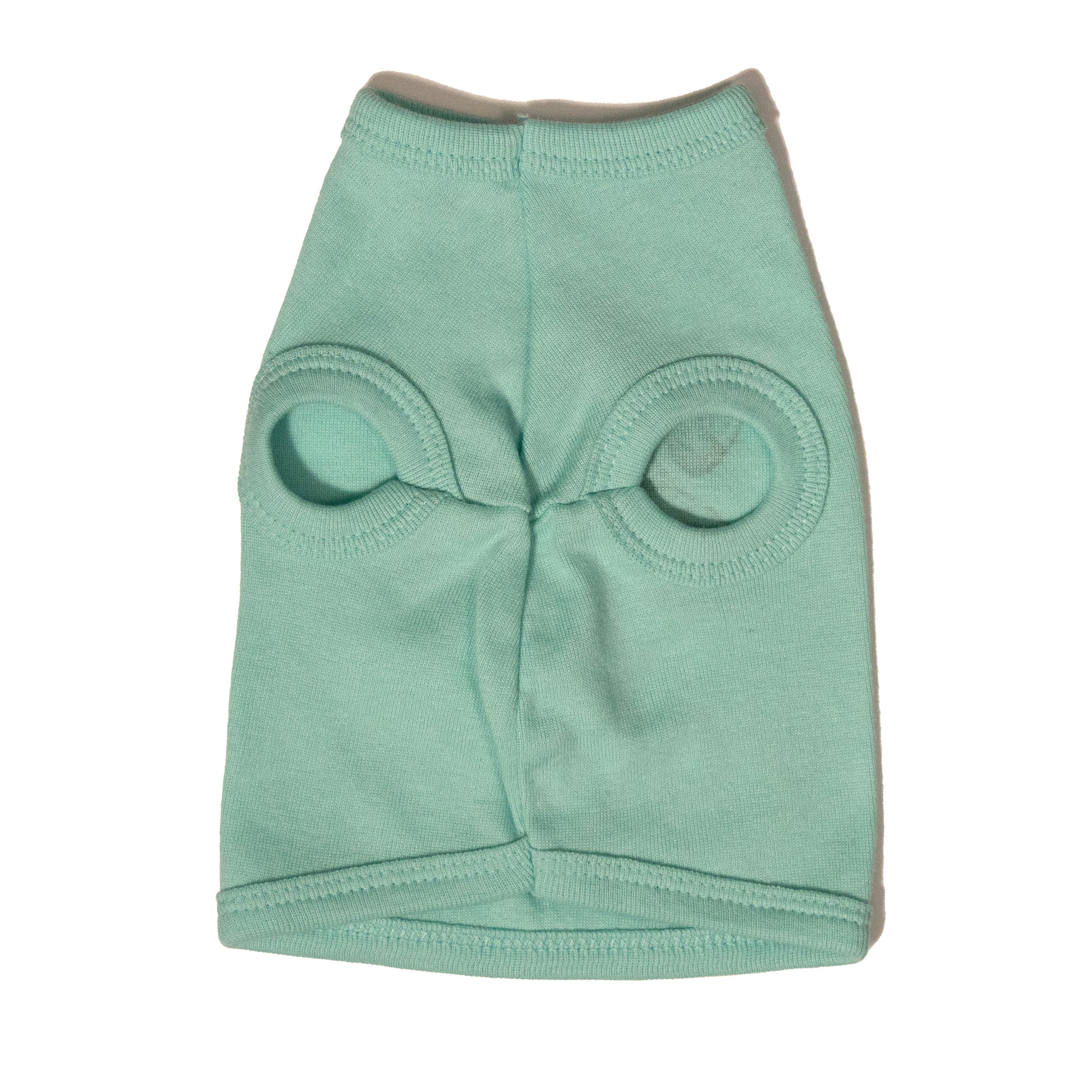 A light blue color dog shirt in a tank top style. Photo shows the chest/front of the shirt with the two front leg holes.