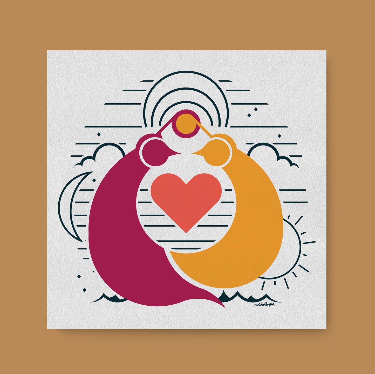 A 12"x12" print resting on a separate tan colored background. The illustrated print depicts two quails facing each other with their top knots overlapping. A heart fits in between them. There is a crescent moon, a sun, clouds, stars, and mountains in the background of the illustration.