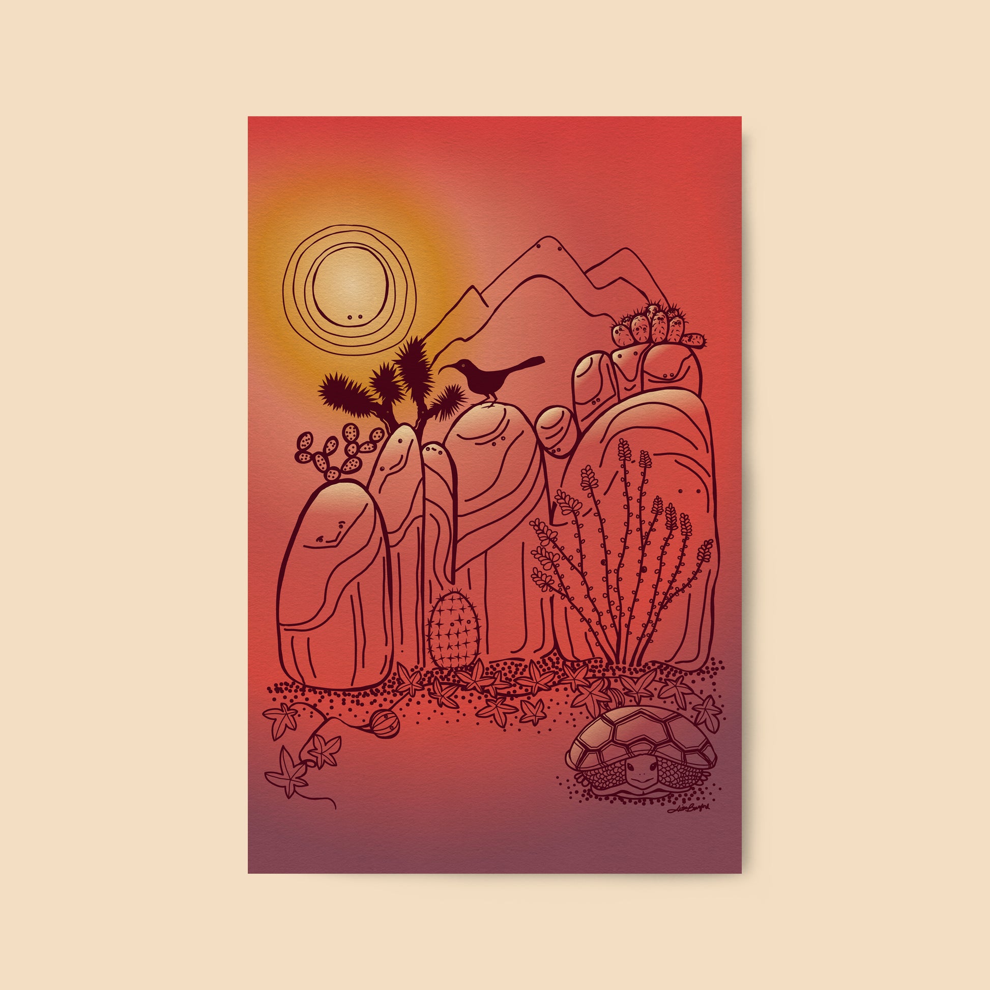 An illustrated print of Joshua Tree rocks and a few desert critters and plants. The rocks each have their own personality. Colors throughout resemble the beautiful desert sunsets. The print lays on a separate cream colored background.