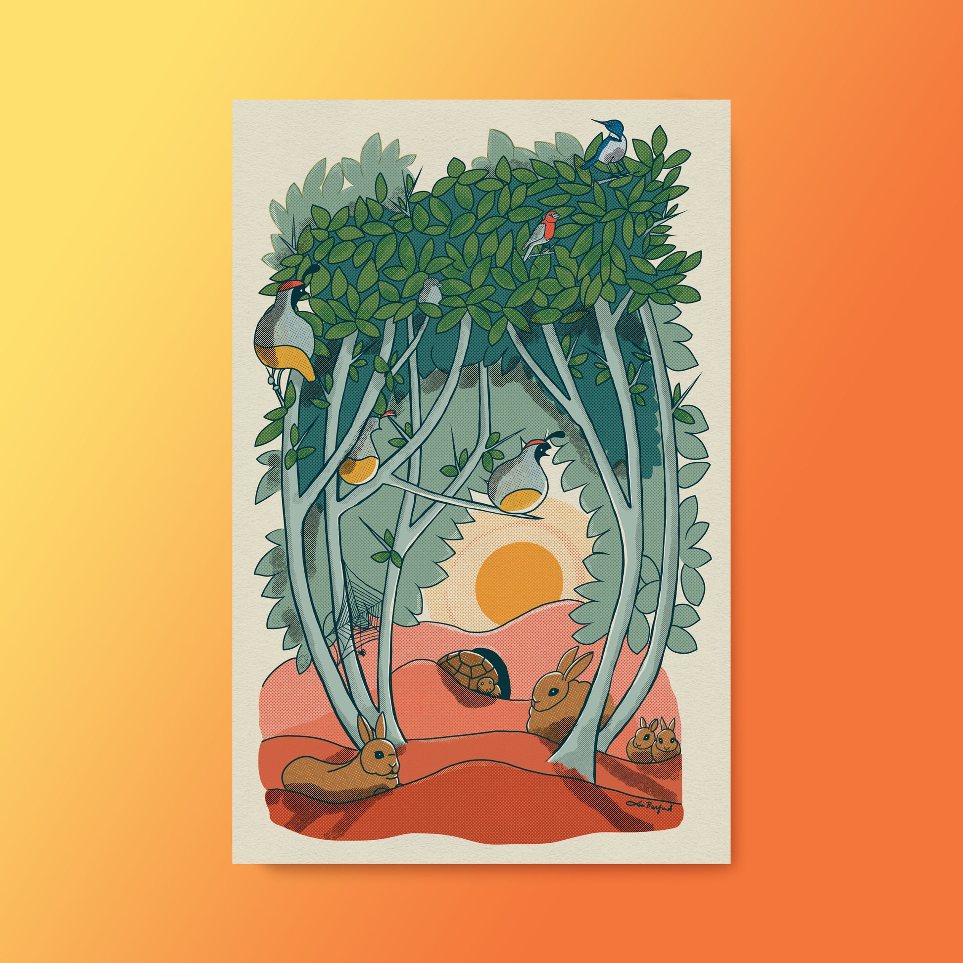 This 11"x17" print of animal characters found in a graythorn bush. Quail, cottontail bunnies, Western scrub jay, house finches, and a desert tortoise all hang out inside and underneath the branches of this bush. A sun can be seen setting in the background through an opening in the branches. The print rests on a separate yellow to orange gradient background.