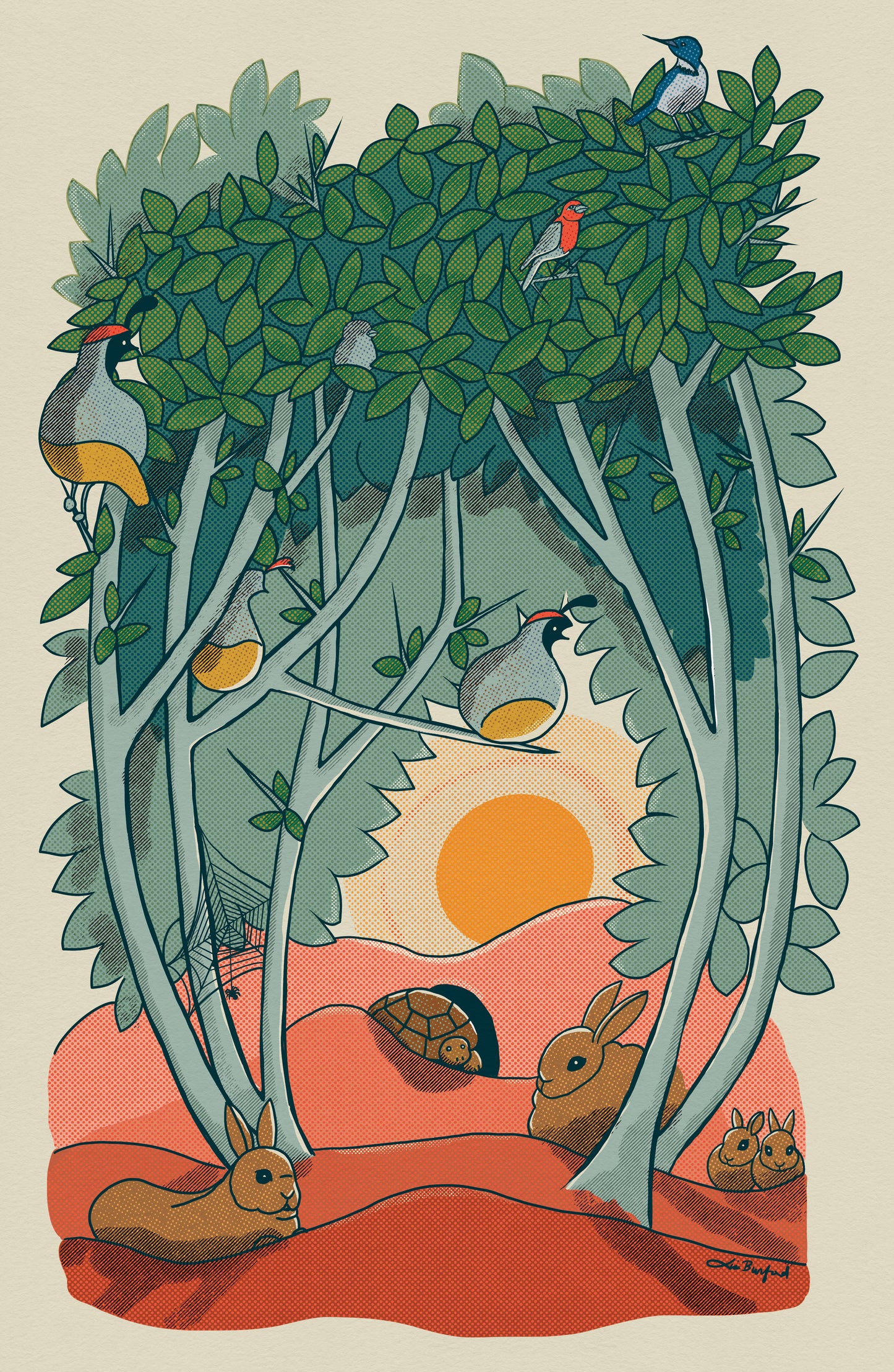 An 11"x17" illustrated print of animal characters found in a graythorn bush. Quail, cottontail bunnies, Western scrub jay, house finches, and a desert tortoise all hang out inside and underneath the branches of this bush. A sun can be seen setting in the background through an opening in the branches.