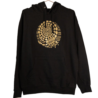 A black hoodie sweatshirt with an illustrated design of a metallic gold scorpion with its tail coiled into a spiral.