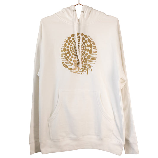 A white hoodie sweatshirt with an illustrated design of a metallic gold scorpion with its tail coiled into a spiral.
