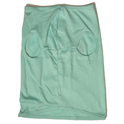 A light blue color dog shirt in a tank top style. Photo shows the chest/front of the shirt with the two front leg holes. 