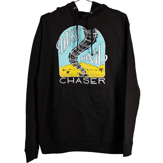 The gender neutral hooded black colored sweatshirt has a white, bright blue, and yellow dust devil illustration in the center. The words "Dust Devil Chaser" are written in a white handwritten font within and below the design.