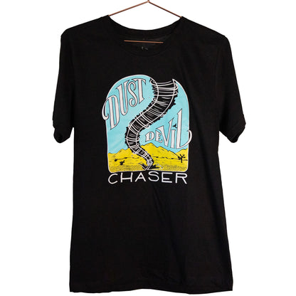 The gender neutral hooded black colored t-shirt has a white, bright blue, and yellow dust devil illustration in the center. The words "Dust Devil Chaser" are written in a white handwritten font within and below the design.