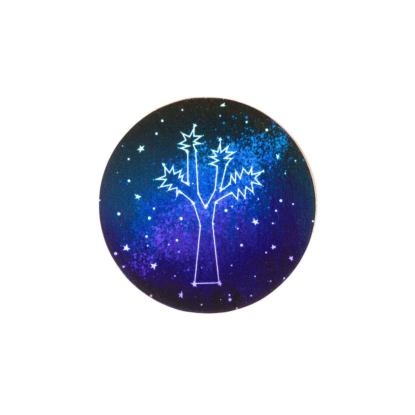 A round sticker of an illustration of a Joshua Tree Constellation with a background that shows different colors at different angles.