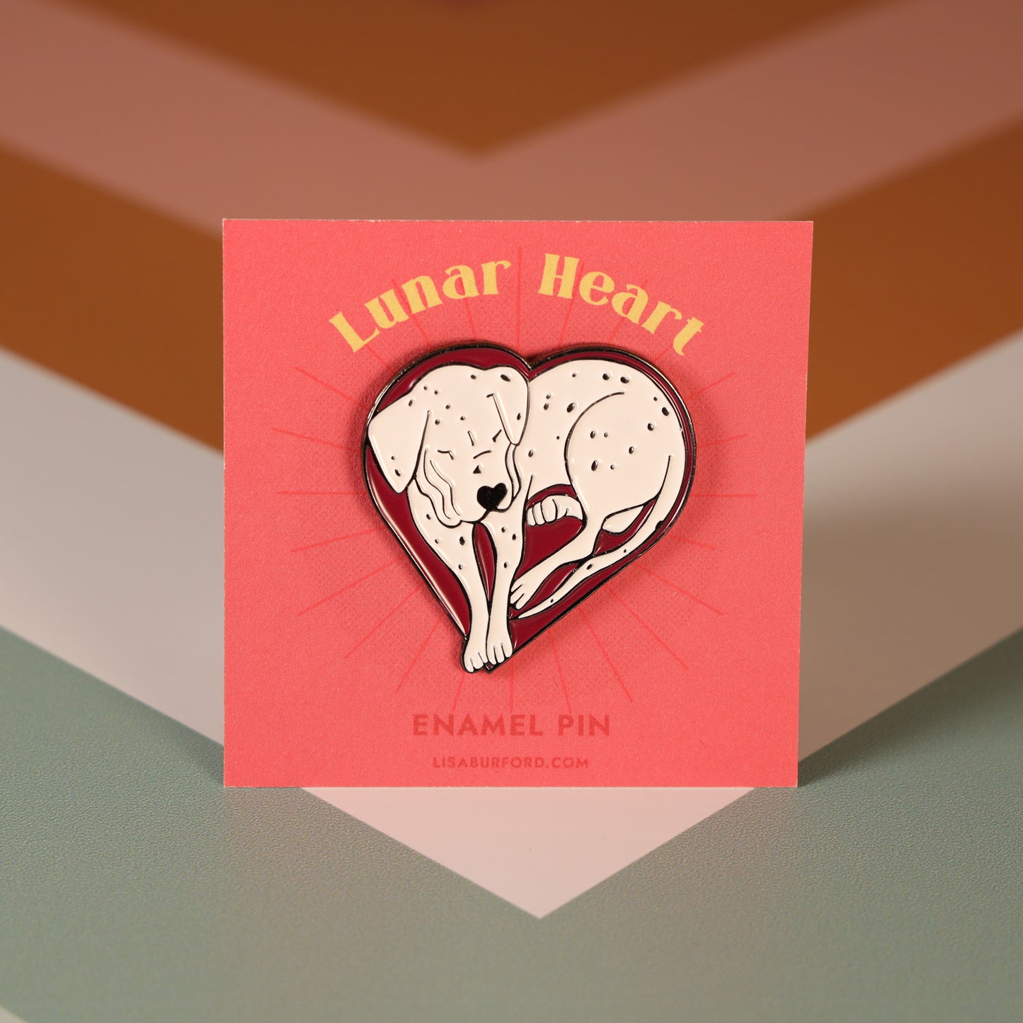 Lunar Heart Enamel Pin on a backing card by Lisa Burford