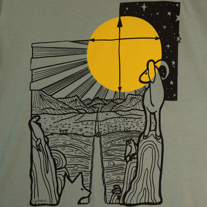 A close up of the design. Featuring an illustration of a desert scene, the black line drawn design includes desert wildlife looking out across the desert with a large yellow sun, stars, and a compass.