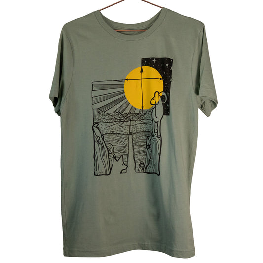 Featuring an illustration of a desert scene, the black line drawn design includes desert wildlife looking out across the desert with a large yellow sun, stars, and a compass.