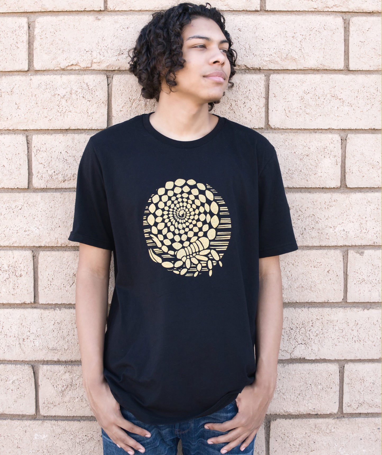 Desert Gold Scorpion T-shirt in Black Modeled by Brenden Greer